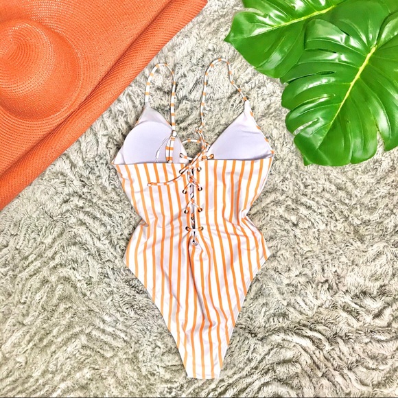 Front Tie One Piece White w/ Gold Stripe Swimsuit - Picture 4 of 6